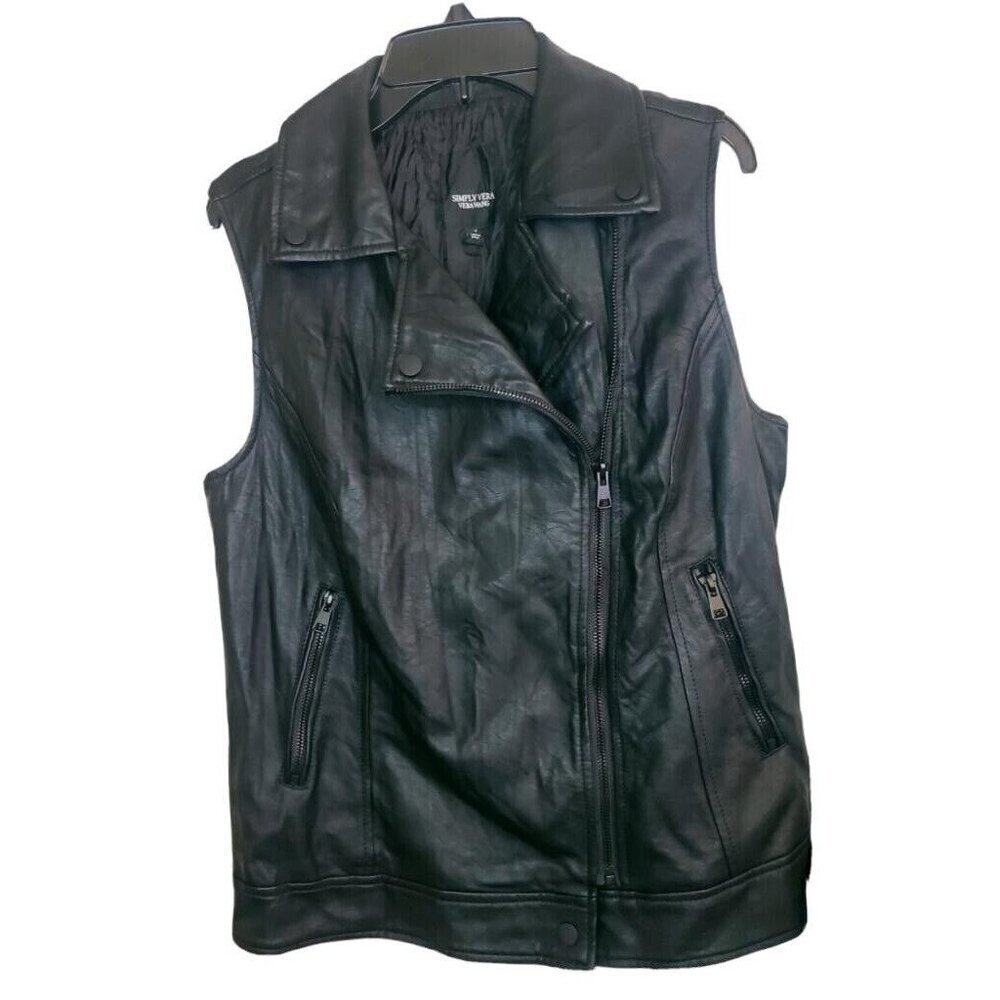 Simply Vera size S Black Faux Leather Zip Front Vest Women Pre-Owned (C7)